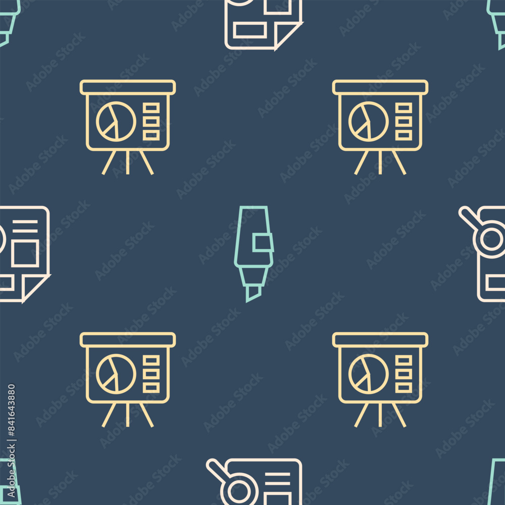 Poster set line document with graph chart, board and marker pen on seamless pattern. vector