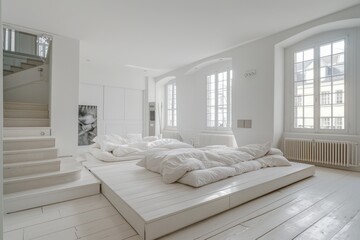 Modern White Bedroom Interior with Large Bed and Artistic Decor