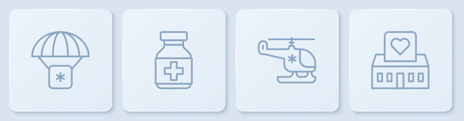 Set line Humanitarian aid, Rescue helicopter, Medicine bottle and pills and Volunteer center. White square button. Vector