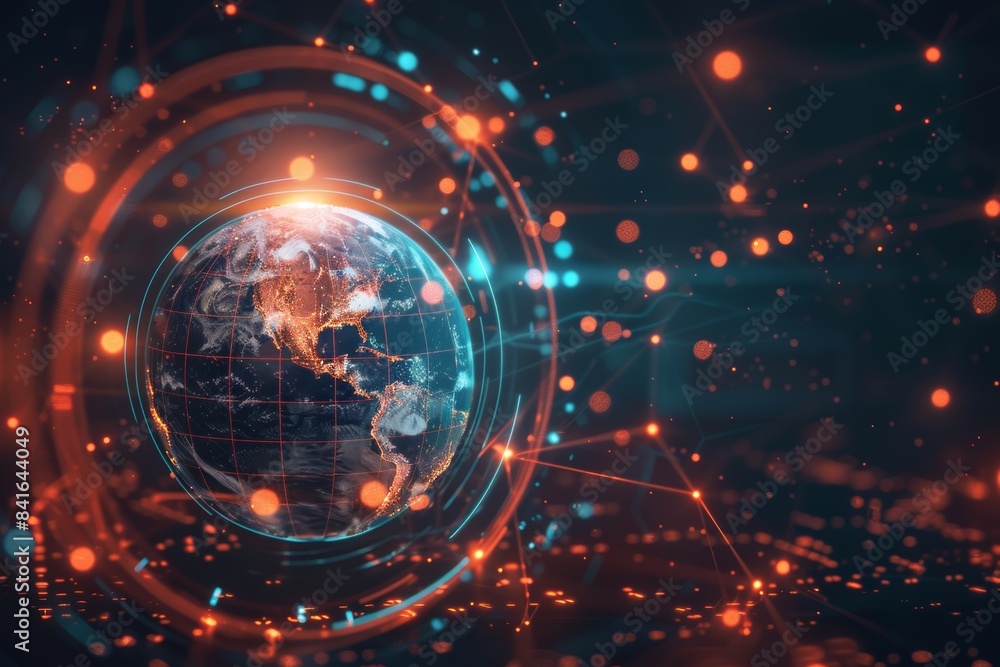 Poster global internet connectivity: artistic representation of the earth with glowing lines and nodes