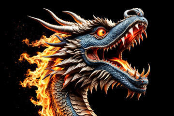 Fire chinese dragon head with flame fire at black background, logo design. Portrait (face) of creative dragon in shadow. Logotype concept. Cartoon illustration, generate Ai image. Copy ad text space