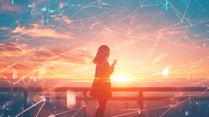 Fototapeta premium Charming anime girl on a bridge at sunset, economic graphs floating in the air, white background, perfect for professional and creative financial content