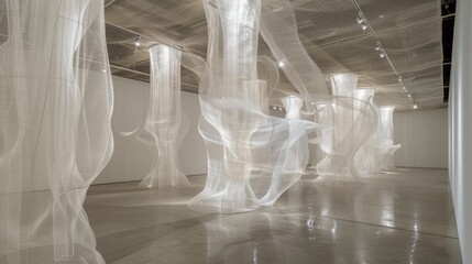 Ethereal Fabric Installations in Contemporary Art Gallery