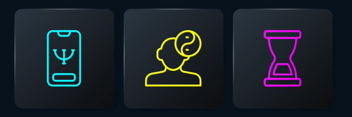 Set line Online psychological counseling, Old hourglass and Yin Yang symbol. Black square button. Vector
