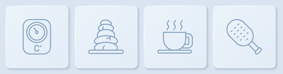 Set line Sauna thermometer, Cup of tea, Stack hot stones and brush. White square button. Vector