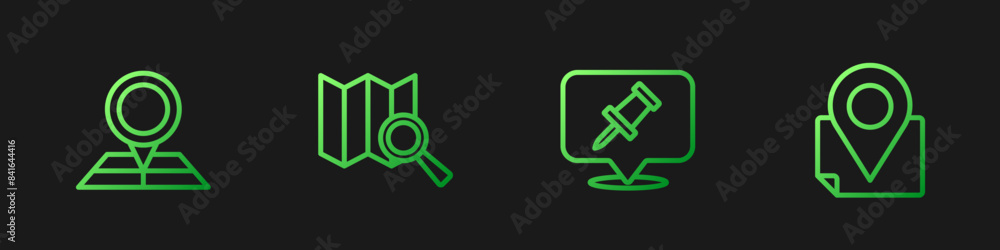 Poster set line push pin, folded map with location marker, search and . gradient color icons. vector