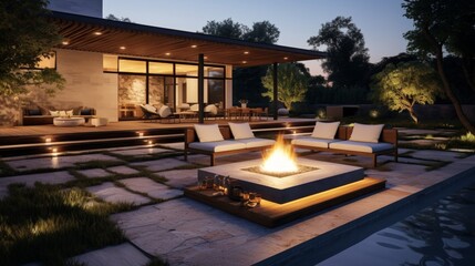 Obraz premium Cozy Outdoor Patio with Fire Pit at Sunset