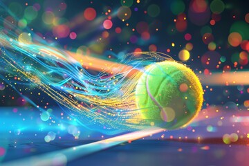 Abstract 3D Render of Neon Tennis Ball with Vibrant Colors and Dynamic Lighting Effects