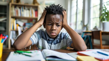 World Dyslexia Awareness Day. Frustrated Boy Struggling with Homework at Home