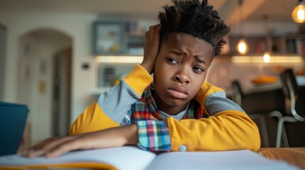 International Dysgraphia Awareness Day. Bored Young Boy Struggling with Homework