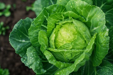 Obraz premium Close-up of a lush green cabbage with dew drops in an organic garden