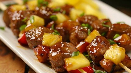 Sweet and Sour Pork Skewers with Pineapple. Grilled meat and pineapple skewers
