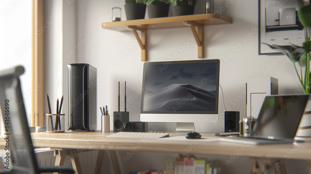Poster modern home office setup with wireless devices and router for seamless internet connection