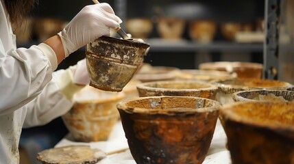 A conservator carefully cleans a collection of ancient pottery in a museum