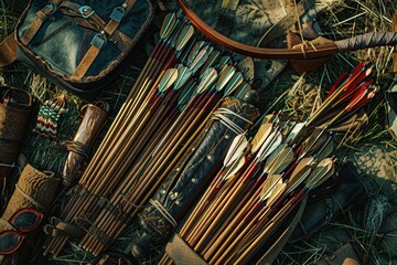 Obraz premium Archery Equipment Detailed Close-Up: Arrows, Bow, and Quiver Arrangement for Outdoor Training