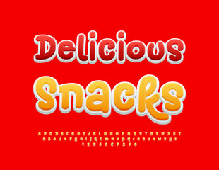 Fototapeta premium Vector creative flyer Delicious Snacks. Modern Playful Font. Funny Handwritten Alphabet Letters and Numbers set.