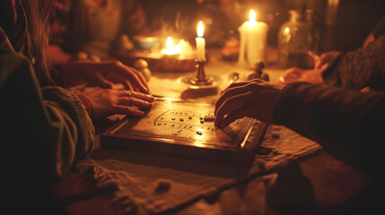 A séance table with hands touching a skidpad on a Ouija board under candlelight. This image illustrates the practice of spiritualism.