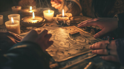 A séance table with hands touching a skidpad on a Ouija board under candlelight. This image illustrates the practice of spiritualism.