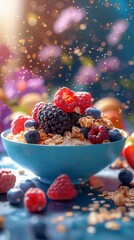 Generative AI image of a bowl of oatmeal topped with fresh blackberries, blueberries, raspberries, and granola, with fruit and nuts in the background