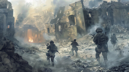 Obraz premium Soldiers sneaking through the ruins of a war zone, moving cautiously among the rubble, aware of the risks and ready for any challenge this dangerous mission may bring.