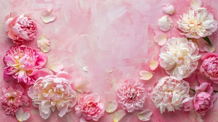 Peonies flowers on background blank top view, spring floral background