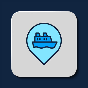 recommend clip art: Filled outline Location with cruise ship icon isolated on blue background. Travel tourism nautical transport. Voyage passenger ship, cruise liner. Vector