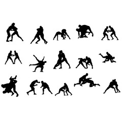 Wrestling silhouettes, Wrestling silhouette set, Collection of Wrestling silhouette, Wrestler fighting. 