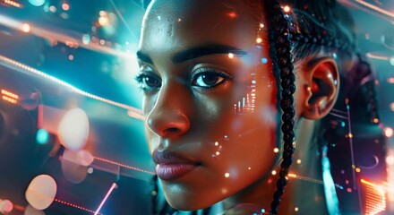 A close-up portrait of an African American woman with braids, surrounded by glowing data visualizations and graphs in the background. - Powered by Adobe
