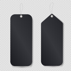 Mock up of two blank price tags with string for hanging on transparent background. Template of black discount paper labels for shopping or gift tags, cards, badges with cord. Vector cardboard stickers