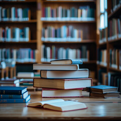 A stack of books on a table in a library. The books are of different sizes and colors. Concept of learning and knowledge, as the books are arranged in a way that suggests they are waiting to be read