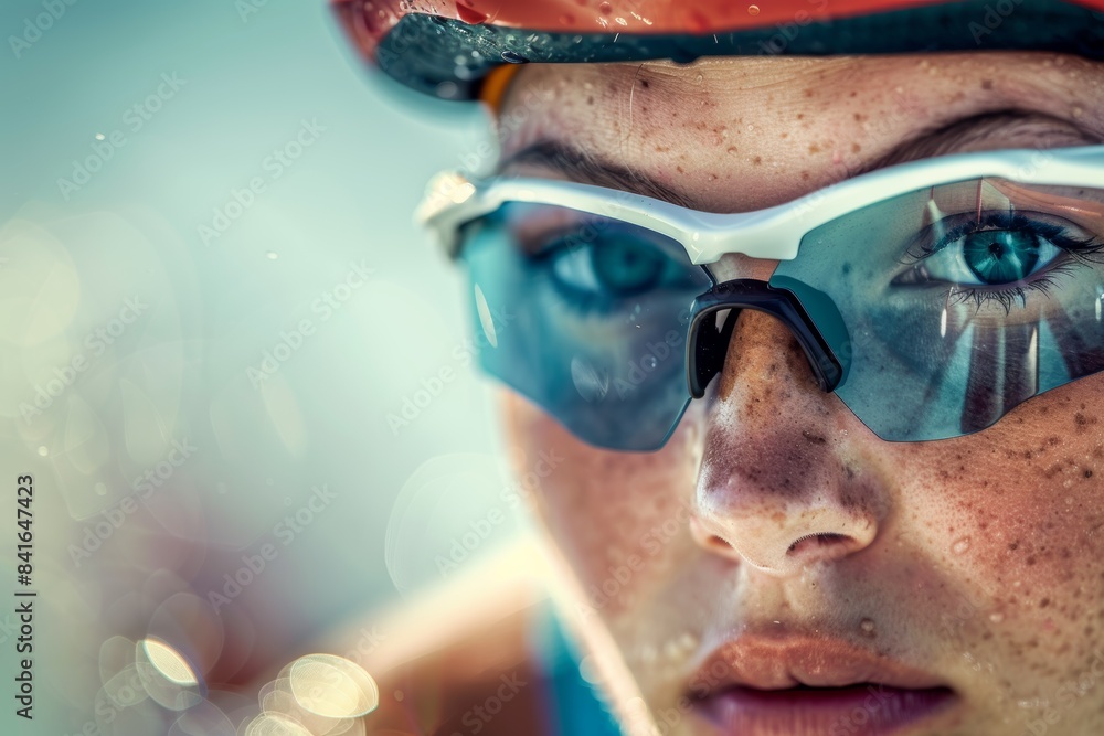 Poster determined triathlete with intense focus during cycling segment of triathlon event - high-speed acti