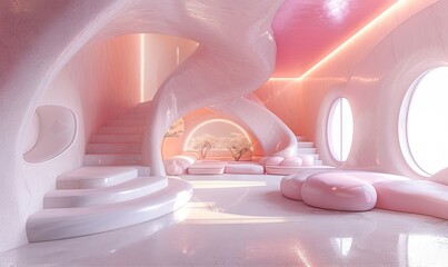 AI Generated Image. Surreal futuristic interior with pastel pink design elements