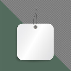 Mockup of blank square price tag with a string for hanging isolated on transparent background. Template of white discount paper label for shopping or gift tag, card with cord. Vector cardboard sticker