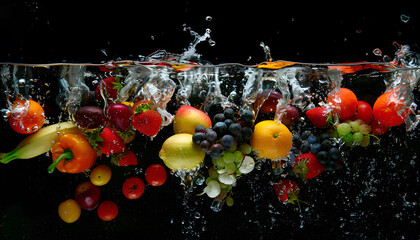 Many fruits and vegetables falling into water against black background