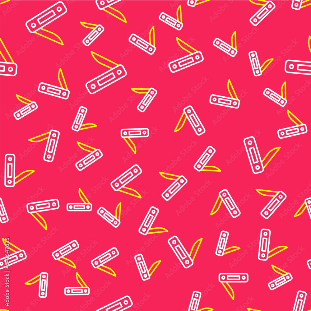 Poster line swiss army knife icon isolated seamless pattern on red background. multi-tool, multipurpose pen