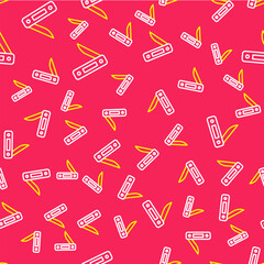 Line Swiss army knife icon isolated seamless pattern on red background. Multi-tool, multipurpose penknife. Multifunctional tool. Vector