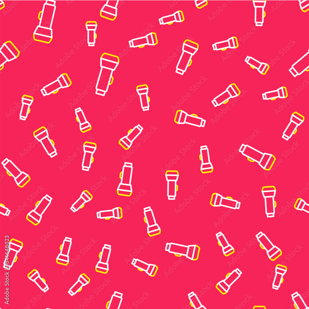Poster line flashlight icon isolated seamless pattern on red background. vector