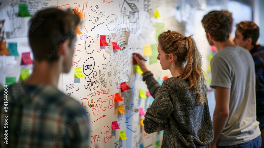 Poster creative team brainstorming session with colorful sticky notes and sketches in modern office
