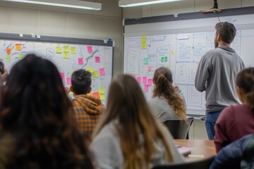 Creative Student Brainstorming Session, Engaging Idea Generation on Whiteboard with Sticky Notes for Class Project