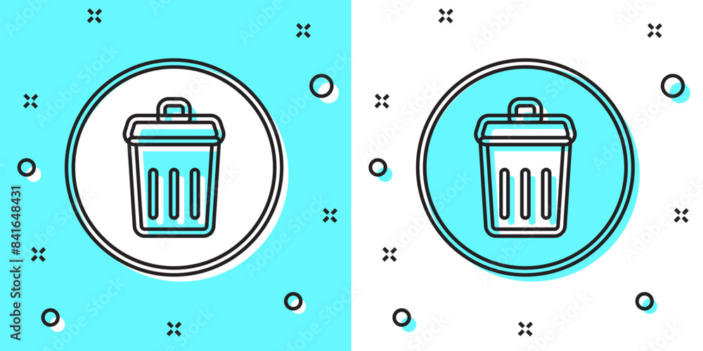 Poster black line trash can icon isolated on green and white background. garbage bin sign. recycle basket i