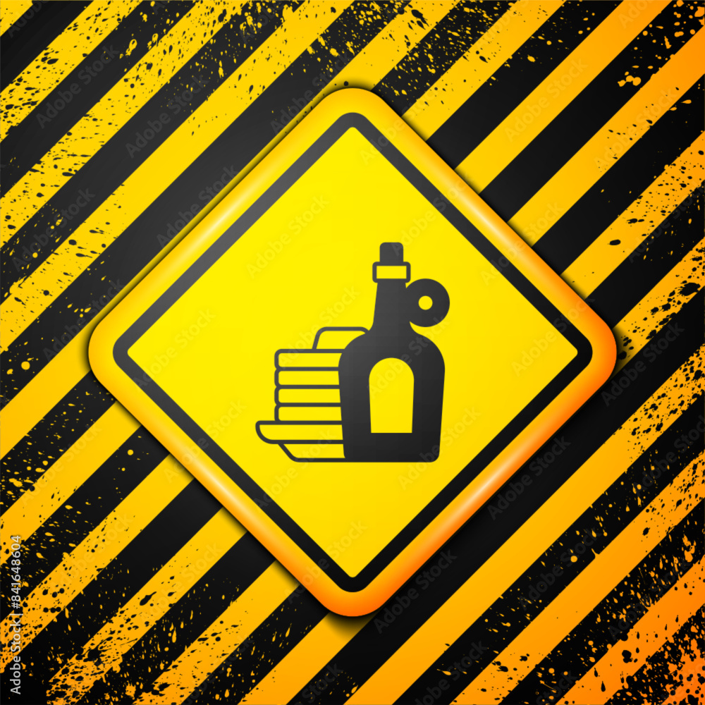 Poster black bottle of maple syrup with stack of pancakes icon isolated on yellow background. warning sign.