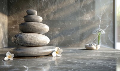Beautiful composition with spa stones on grey marble table : Generative AI