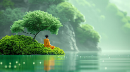 A man sits under a tree by a body of water. The scene is peaceful and serene, with the man in a lotus position and the tree providing a sense of calm. Japanese spiritual calm panorama. Buddhism zen