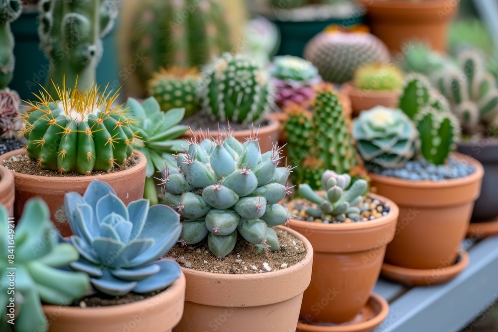 Poster assorted succulents and cacti in terra cotta pots arranged neatly on a display shelf