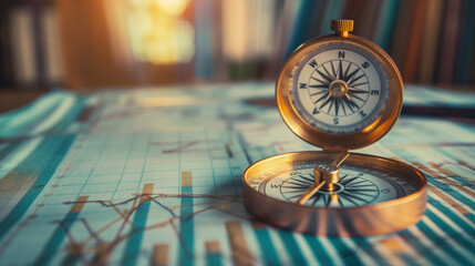 a modern compass over the business data statistics documents on the table, setting up directions for future business growth progress strategy 