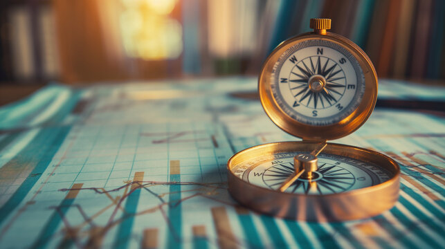 a modern compass over the business data statistics documents on the table, setting up directions for future business growth progress strategy 