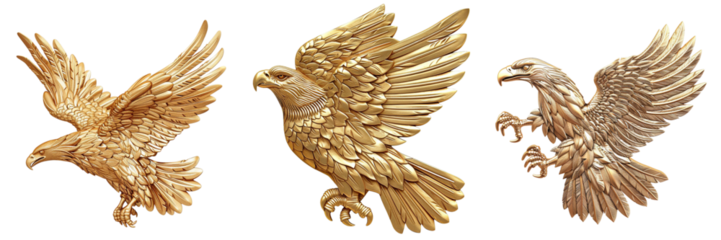 Set of a gold eagle bar relief, flying like on drawing, on transparent background