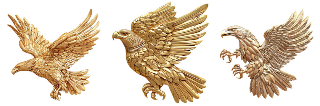 Set of a gold eagle bar relief, flying like on drawing, on transparent background