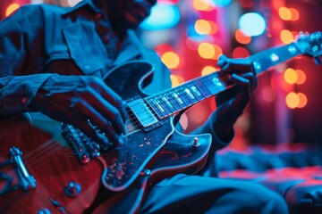 Guitarist Performing Under Colorful Lights