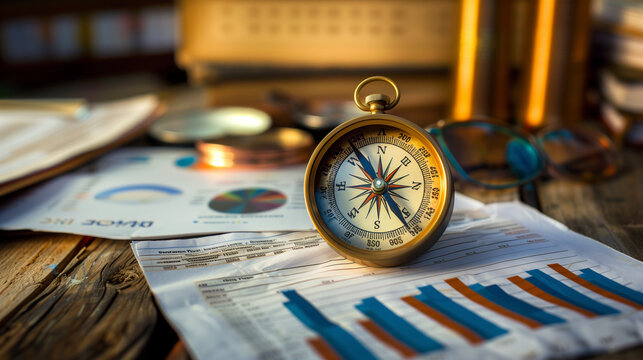 a modern compass over the business data statistics documents on the table, setting up directions for future business growth progress strategy  - Powered by Adobe